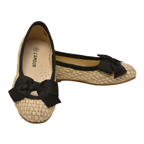 L`Amour Little Girls Black Faux Straw Bow Flats 7-10 Toddler - SophiasStyle.com